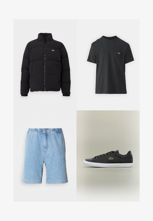 Must küll puffer-jope kõrge kraega, esine tõmblukk ning väike roheline logo. Omab tikitud osi ja elastseid mansette.; Must musta T-särk lühikeste varrukatega, ümmarguse kaelusega ja väikese rohelise logoga vasakus rinnataskus. Lihtne disain, regulaarne lõige.; Heledsinine denimpüksid, millel on elastne vöökoht, eesnuppude sulgemine, küljetaskud ja sirge lõike disain. Keskmise reie pikkus.; Mustad mustad nahast tennisetossud valge kummist tallaga, millel on roheline krokodillilogo ja ümmargused paelad, stiilne disain sujuva tekstuuriga.