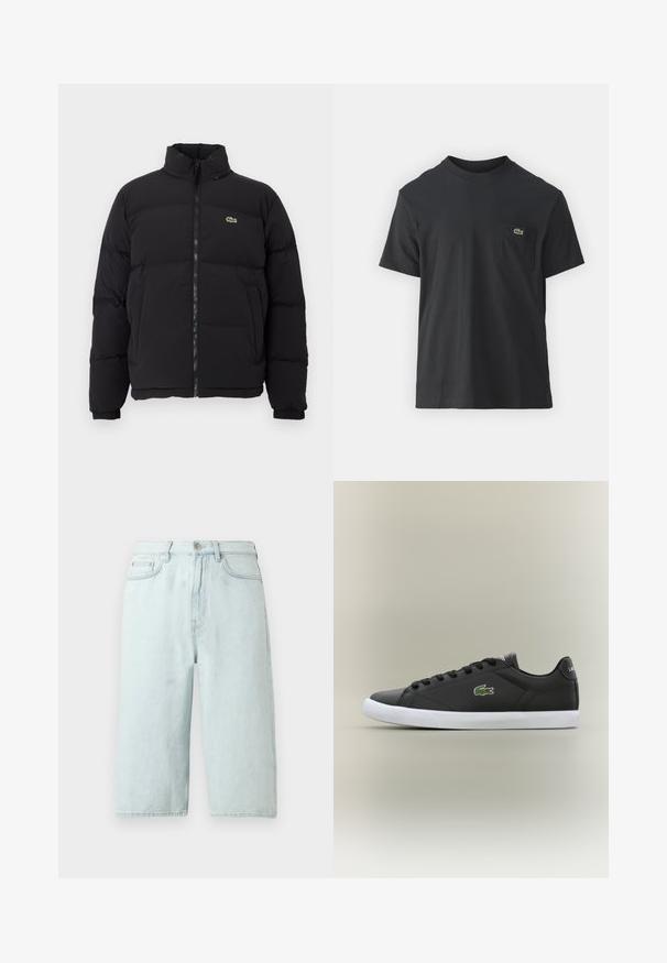 Jachetă pufă neagră cu guler înalt, fermoar frontal și un mic logo verde. Prezintă secțiuni quilted și mânși elasticizate.; Tricou din bumbac negru, cu mâneci scurte, decolteu rotund și un mic logo verde pe buzunarul stâng al pieptului. Design simplu, fit normal.; Pantaloni scurți din denim bleu deschis, cu croială dreaptă a piciorului, talie medie, buzunare frontale și un singur buzunar în spate, finisate cu cusături subtile.; Tenisi negri din piele cu talpă din cauciuc alb, având un logo verde de crocodil și șireturi rotunde, design elegant cu textură fină.