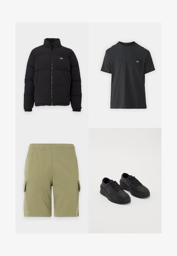 Črna napihljiva jakna z visokim ovratnikom, sprednjim zadrgo in majhnim zelenim logotipom. Ima prešite dele in elastične manšete.; Črna bombažna majica s kratkimi rokavi, okroglo ovratnikom in majhnim zelenim logotipom na levem žepu. Preprost dizajn, redna prileganje.; Zelena bombažna kratka hlače z elastičnim pasom, ki imajo dve stranski žepi in gladko teksturo.; Črne teniske iz gladkega usnja z oblazinjeno podplatom. Lastnosti vključujejo ravne vezalke, perforacije na konici ter eleganten silhuet.