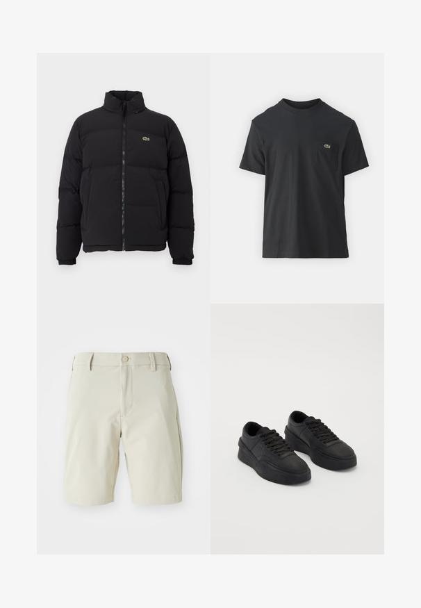 Black puffer jacket with a high collar, front zipper, and a small green logo. Features quilted sections and elasticized cuffs.; Black cotton t-shirt with short sleeves, round neckline, and a small green logo on the left chest pocket. Simple design, regular fit.; Beige shorts made of lightweight fabric, featuring a flat front, belt loops, and a single button closure. Simple, clean design with no patterns.; Black sneakers made of smooth leather with a cushioned sole. Features include flat laces, perforations on the toe, and a sleek silhouette.