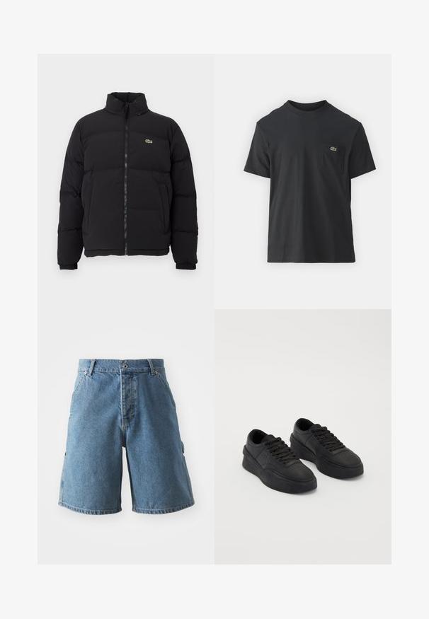 Svart pufferjacka med hög krage, framdragkedja och en liten grön logotyp. Har quiltade sektioner och elastiska ärmslut.; Svart bomullströja med korta ärmar, rund halsringning och en liten grön logotyp på vänster bröstficka. Enkelt mönster, vanlig passform.; Jeansshorts i ljusblått. Har en klassisk femficksdesign, knäppning med knapp och rak skärning. Tyget verkar mjukt med lätt blekning.; Svarta sneakers i slät läder med dämpad sula. Funktioner inkluderar platta snören, perforeringar på tån och en strömlinjeformad silhuett.