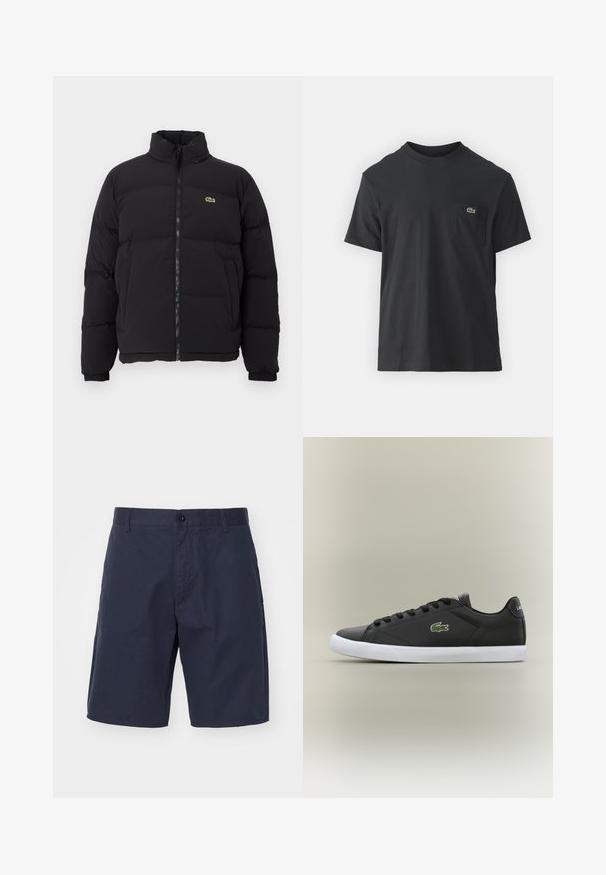 Črna napihljiva jakna z visokim ovratnikom, sprednjim zadrgo in majhnim zelenim logotipom. Ima prešite dele in elastične manšete.; Črna bombažna majica s kratkimi rokavi, okroglo ovratnikom in majhnim zelenim logotipom na levem žepu. Preprost dizajn, redna prileganje.; Mornarsko modri kratki hlače iz lahkega blaga z gumbom za zapiranje, stranskimi žepi, ravnim krojem in vidnimi šivi.; Črne usnjene superge z belo gumijasto podplatom, z zelenim krokodiljim logotipom in okroglimi vezalkami, elegantna zasnova z gladko teksturo.