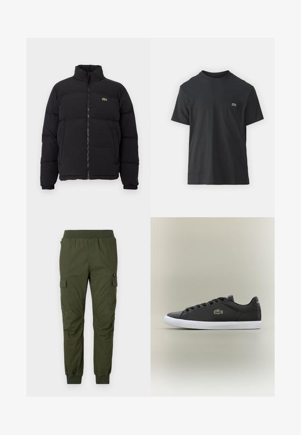 Must küll puffer-jope kõrge kraega, esine tõmblukk ning väike roheline logo. Omab tikitud osi ja elastseid mansette.; Must musta T-särk lühikeste varrukatega, ümmarguse kaelusega ja väikese rohelise logoga vasakus rinnataskus. Lihtne disain, regulaarne lõige.; Oliivrohelised cargo püksid elastse vöökohaga, küljetaskudega ja pahkluude manustega; valmistatud vastupidavast kangast, millel on sile tekstuur.; Mustad mustad nahast tennisetossud valge kummist tallaga, millel on roheline krokodillilogo ja ümmargused paelad, stiilne disain sujuva tekstuuriga.