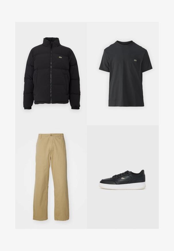 Black puffer jacket with a high collar, front zipper, and a small green logo. Features quilted sections and elasticized cuffs.; Black cotton t-shirt with short sleeves, round neckline, and a small green logo on the left chest pocket. Simple design, regular fit.; Khaki cotton trousers with a straight-leg design, featuring a front button closure and side pockets. Smooth, sturdy texture.; Black leather sneaker with white sole, featuring a rounded toe, lace-up design, and a subtle logo on the side. Textured upper accents.