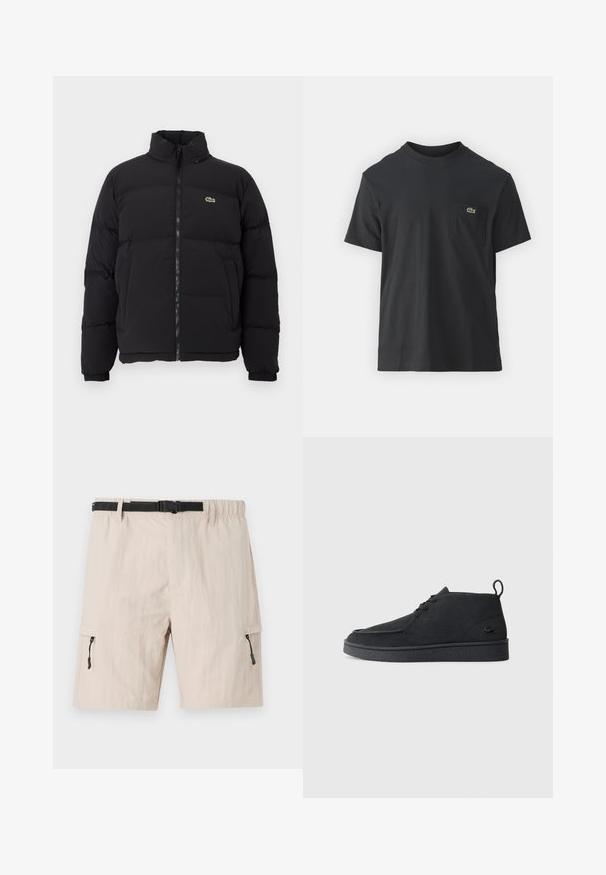 Melnā pūkainā jaka ar augstu apkakli, priekšējo rāvējslēdzēju un mazu zaļu logotipu. Iezīmējas ar kviltētām sekcijām un elastīgām aprocēm.; Melnas kokvilnas T-krekls ar īsām piedurknēm, apaļu kakla izgriezumu un mazu zaļu logotipu kreisajā krūšu kabatē. Vienkāršs dizains, regulāra piegriezuma.; Bežīgas cargo šortas ar elastīgu jostasvietu, regulējamu melnu jostu un sānu rāvējslēdzēja kabatām. Izgatavotas no viegla auduma ar smalku tekstūru.; Melna zamša kurpīte ar auklēm līdz potītei, ar ievelkamu cilpu un struktūru zoli, kurai sānos ir neliels, reljefs krokodila logo.