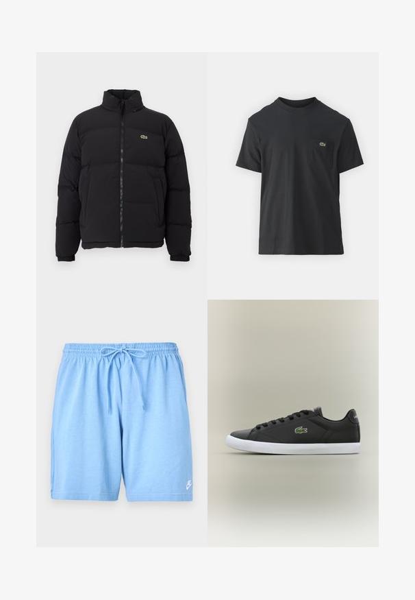 Casaco puffer preto com gola alta, fecho na frente e um pequeno logótipo verde. Apresenta secções acolchoadas e punhos elásticos.; Camiseta de algodão preta com mangas curtas, decote redondo e um pequeno logo verde no bolso do peito esquerdo. Design simples, corte regular.; Bermudas atléticas azul claro com cintura elástica e cordão. Tecido macio com costura visível e um pequeno logótipo branco na parte inferior da bainha.; Tênis de couro preto com sola de borracha branca, apresentando um logotipo de crocodilo verde e cadarços redondos, design elegante com textura suave.