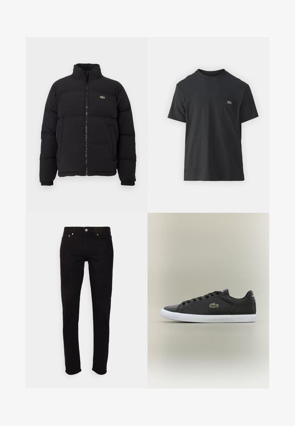 Svart pufferjacka med hög krage, framdragkedja och en liten grön logotyp. Har quiltade sektioner och elastiska ärmslut.; Svart bomullströja med korta ärmar, rund halsringning och en liten grön logotyp på vänster bröstficka. Enkelt mönster, vanlig passform.; Svarta jeans i denim med slim fit, femficksdesign och metall-accenter, med en klassisk knapp- och dragkedjestängning.; Svarta lädersneakers med vit gummisula, med en grön krokodil-logotyp och runda snörningar, slankt design med slät textur.