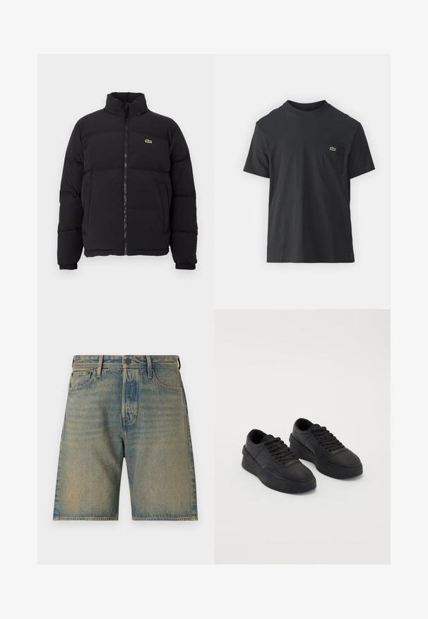 Sort puffer-jakke med høj krave, frontlynlås og et lille grønt logo. Har quiltede sektioner og elastiske manchetter.; Sort bomulds t-shirt med korte ærmer, rund halsudskæring og et lille grønt logo på venstre brystlomme. Enkel design, normal pasform.; Lysblå denimshorts med en falmet vask. Indeholder fem lommer, lynlås, knaplukning og kraftige sømme langs kanterne.; Sorte sneakers lavet af glat læder med en polstret sål. Funktionen inkluderer flade snørebånd, perforeringer på tåen og en elegant silhuet.