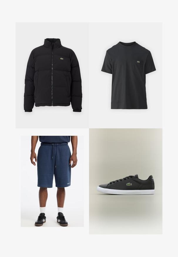 Sort puffer-jakke med høj krave, frontlynlås og et lille grønt logo. Har quiltede sektioner og elastiske manchetter.; Sort bomulds t-shirt med korte ærmer, rund halsudskæring og et lille grønt logo på venstre brystlomme. Enkel design, normal pasform.; Marineblå bomuldsbukser med elastisk talje, snoretræk, sidelommer og "GUESS" logo på fronten.; Sorte lædersneakers med hvid gummisål, der har et grønt krokodillelogo og runde snørebånd, slank design med glat tekstur.