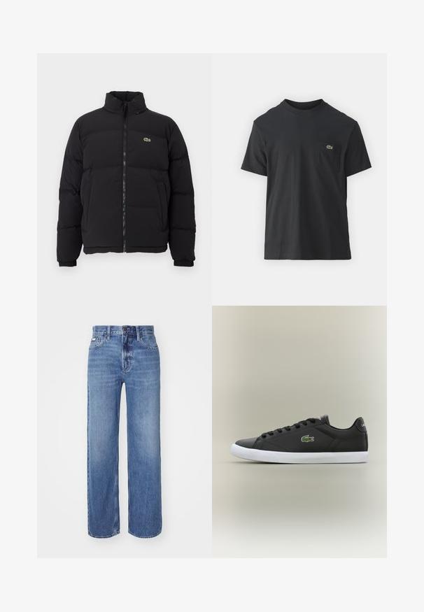 Crni zimski kaput s visokim ovratnikom, prednjim zatvaračem i malim zelenim logotipom. Sadrži kvadrate sa stupovima i elastične manžete.; Crna pamučna majica s kratkim rukavima, okruglim izrezom i malim zelenim logotipom na lijevoj strani džepa. Jednostavan dizajn, regularni kroj.; Calvin Klein Jeans 90'S STRAIGHT - Traperice ravnih nogavica - tinted stone; Crne kožne tenisice s bijelim gumenim potplatom, s zelenim krokodilom kao logotipom i okruglim vezicama, elegantnog dizajna s glatkom teksturom.