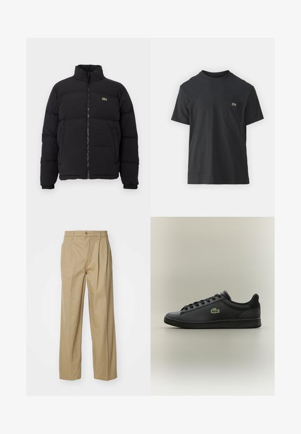 Črna napihljiva jakna z visokim ovratnikom, sprednjim zadrgo in majhnim zelenim logotipom. Ima prešite dele in elastične manšete.; Črna bombažna majica s kratkimi rokavi, okroglo ovratnikom in majhnim zelenim logotipom na levem žepu. Preprost dizajn, redna prileganje.; Beige široke hlače iz mešanice bombaža. Imajo sprednje gube, zapiranje na gumb in žepe za funkcionalnost. Gladka tekstura.; Črn nizki usnjeni tekač s črnimi vezalkami, ki ima na strani zeleno krokodilovo ikono, postavljen na enotnem nevtralnem ozadju.