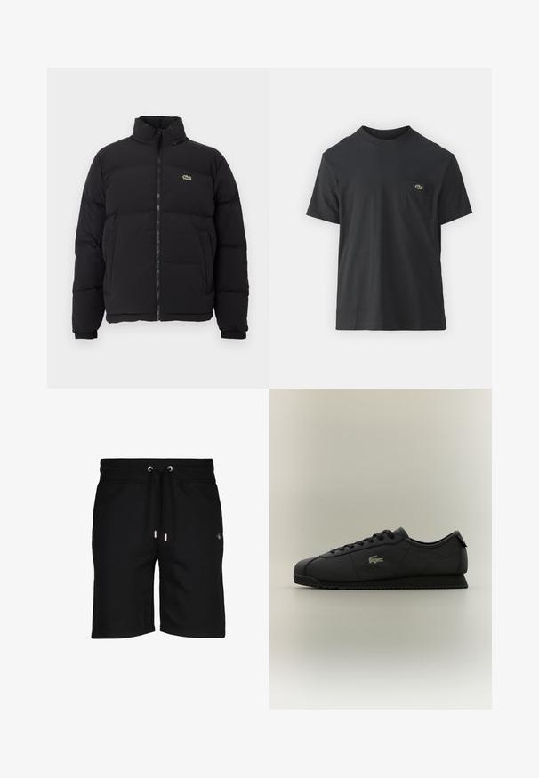 Zwarte pufferjack met een hoge kraag, voorrits en een klein groen logo. Bevat doorgestikte secties en elastische manchetten.; Zwarte katoenen t-shirt met korte mouwen, ronde halslijn en een klein groen logo op de linkerkant van de borstzak. Eenvoudig ontwerp, normale pasvorm.; Zwarte katoenen shorts met een verstelbare tailleband, zilveren oogjes en subtiele logo-details aan de linkerkant. Glad materiaal en knie-lange snit.; Zwarte low-top sneaker met vetersluiting aan de voorkant, textuurzool en gouden krokodillologo aan de zijkant.