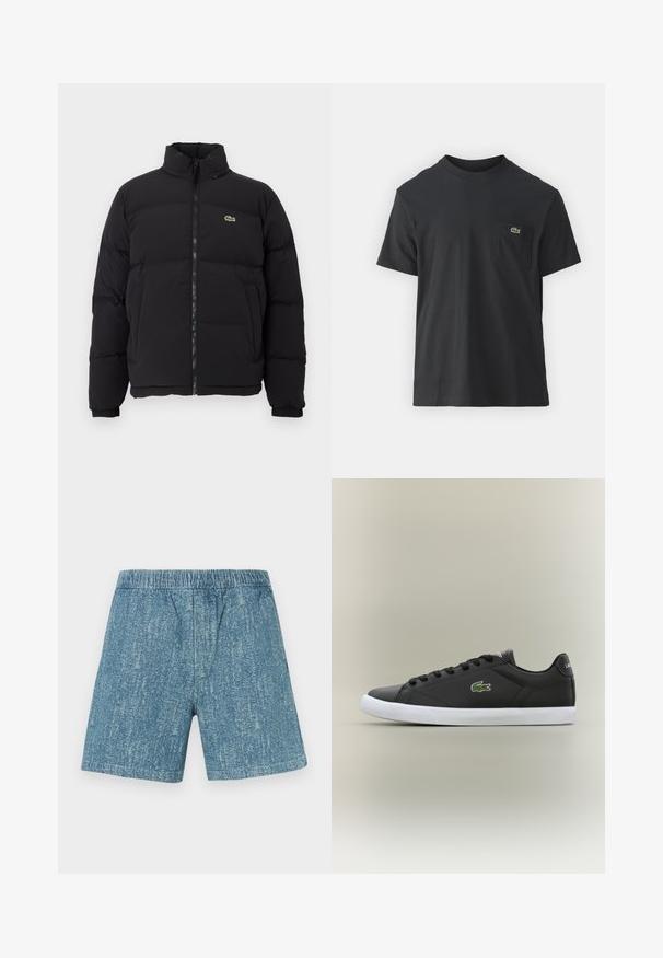 Čierna páperová bunda s vysokým golierom, predným zipsom a malým zeleným logom. Obsahuje prešívané sekcie a elastické manžety.; Čierne bavlnené tričko s krátkymi rukávmi, okrúhlym výstrihom a malým zeleným logom na ľavej náprsnej kapsičke. Jednoduchý dizajn, bežný strih.; Džínsové šortky s elastickým pásom, vybledlou modrou farbou a textúrou. Rovný strih bez vreciek a ozdôb.; Čierne kožené tenisky s bielou gumovou podrážkou, s logom zeleného krokodíla a okrúhlymi šnúrkami, elegantný dizajn s hladkou textúrou.