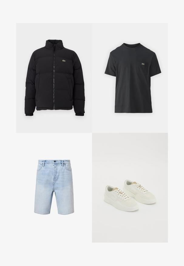 Čierna páperová bunda s vysokým golierom, predným zipsom a malým zeleným logom. Obsahuje prešívané sekcie a elastické manžety.; Čierne bavlnené tričko s krátkymi rukávmi, okrúhlym výstrihom a malým zeleným logom na ľavej náprsnej kapsičke. Jednoduchý dizajn, bežný strih.; Svetlomodré riflové šortky s bežným strihom, dizajnom s piatimi vreckami a gombíkovým zapínaním. Majú jemné vyblednutie a prešité lemy.; Pár off-white nízkopriedkových tenisiek s béžovými akcentmi, hrubými podrážkami a bielymi šnúrkami na jednofarebnom bielom pozadí.