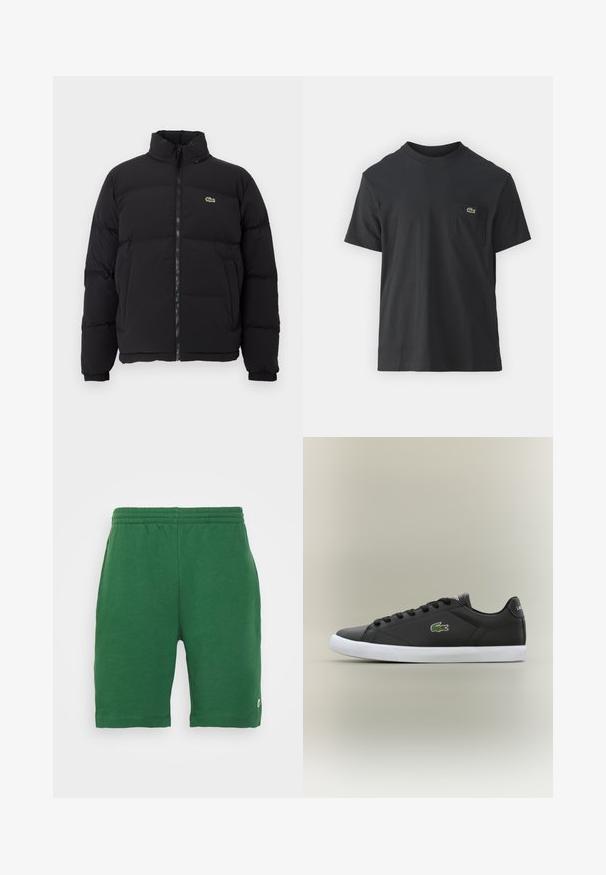 Černá péřová bunda s vysokým límcem, předním zipem a malým zeleným logem. Obsahuje prošívané části a elastické manžety.; Černé bavlněné tričko s krátkým rukávem, kulatým výstřihem a malým zeleným logem na levé kapse. Jednoduchý design, klasický střih.; Zelené šortky s elastickým pasem a bočními kapsami, s malým logem na levé noze. Hladká textura, délka po kolena.; Černé kožené tenisky s bílou gumovou podrážkou, se zeleným logem krokodýla a kulatými tkaničkami, elegantní design s hladkým povrchem.