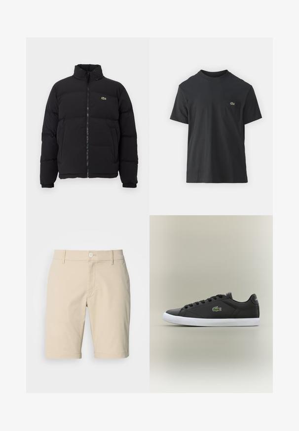 Crni zimski kaput s visokim ovratnikom, prednjim zatvaračem i malim zelenim logotipom. Sadrži kvadrate sa stupovima i elastične manžete.; Crna pamučna majica s kratkim rukavima, okruglim izrezom i malim zelenim logotipom na lijevoj strani džepa. Jednostavan dizajn, regularni kroj.; Bež pamuk kratke hlače s ravnim prednjim dijelom, zatvaranjem na gumbe i petljama za remen. Ima džepove i ravni kroj. Glatka текстура.; Crne kožne tenisice s bijelim gumenim potplatom, s zelenim krokodilom kao logotipom i okruglim vezicama, elegantnog dizajna s glatkom teksturom.