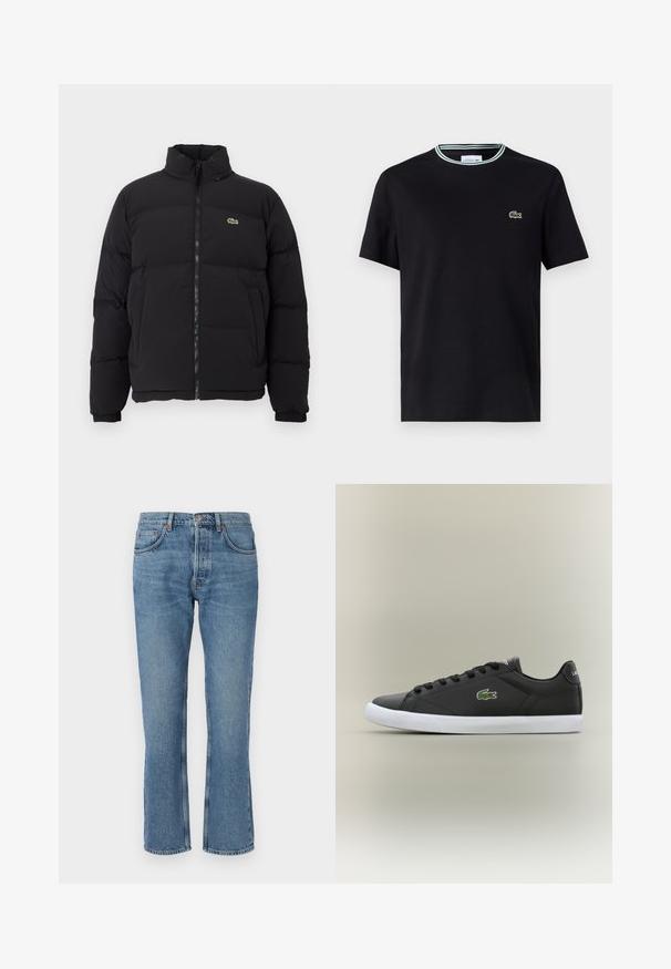 Black puffer jacket with a high collar, front zipper, and a small green logo. Features quilted sections and elasticized cuffs.; Black cotton t-shirt with a crew neck, featuring a white and green striped trim, and embroidered green crocodile logo on the left chest.; Light blue denim jeans with a straight cut, five-pocket design, and contrasting stitching. The fabric has a soft texture and slight fading.; Black leather sneakers with white rubber sole, featuring a green crocodile logo and round laces, sleek design with smooth texture.