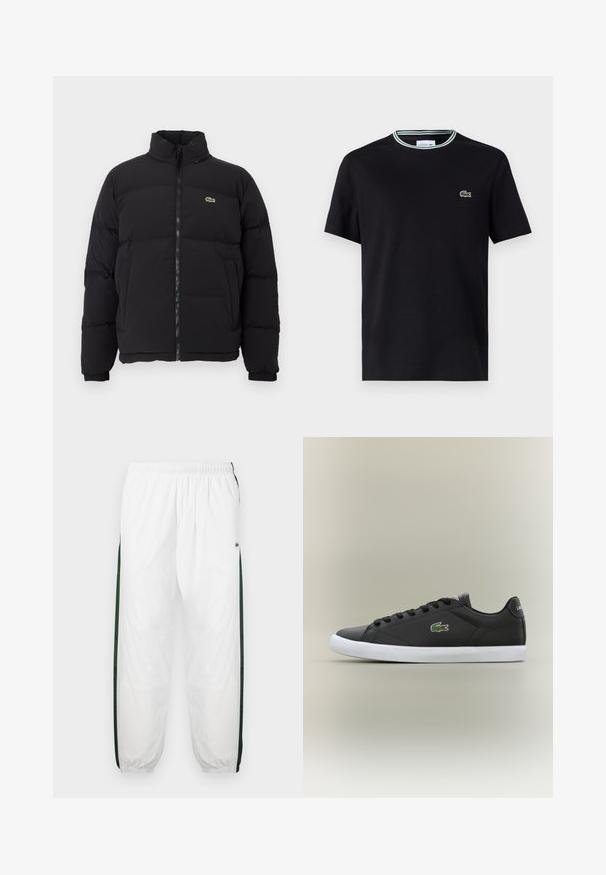 Black puffer jacket with a high collar, front zipper, and a small green logo. Features quilted sections and elasticized cuffs.; Black cotton t-shirt with a crew neck, featuring a white and green striped trim, and embroidered green crocodile logo on the left chest.; White track pants with dark green side panels. Lightweight material, elastic waistband, and cuffed hems. Features mesh texture on side panels.; Black leather sneakers with white rubber sole, featuring a green crocodile logo and round laces, sleek design with smooth texture.