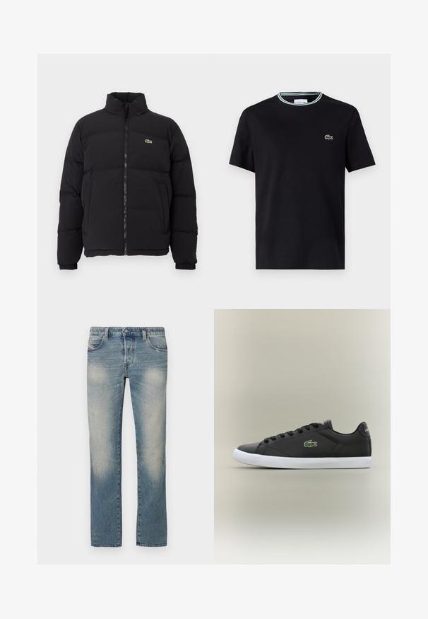 Must küll puffer-jope kõrge kraega, esine tõmblukk ning väike roheline logo. Omab tikitud osi ja elastseid mansette.; Must värvi puuvillane T-särk ümmarguse kaelusega, millel on valge ja roheline triibuline äärestus ning vasakul rinnal brodeeritud roheline krokodilli logo.; Hele sinised sirgele lõikele teksapüksid, kustutatud aladega, viie taskuga ja nööpkinnitusega. Kangal on kerge kulumise ja kulumisjälgede efekt.; Mustad mustad nahast tennisetossud valge kummist tallaga, millel on roheline krokodillilogo ja ümmargused paelad, stiilne disain sujuva tekstuuriga.