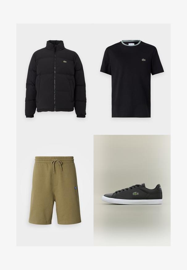 Sort puffer-jakke med høj krave, frontlynlås og et lille grønt logo. Har quiltede sektioner og elastiske manchetter.; Sort bomulds t-shirt med rund hals, der har en hvid og grøn stribet kant, samt et broderet grønt krokodille-logo på venstre bryst.; Khaki atletiske shorts lavet af blød bomuldsblanding, med elastisk talje med snøre, sidelommer og et logo-patch.; Sorte lædersneakers med hvid gummisål, der har et grønt krokodillelogo og runde snørebånd, slank design med glat tekstur.