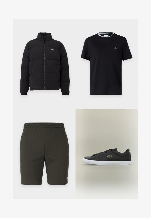 Czarna kurtka puchowa z wysokim kołnierzem, przednim zamkiem błyskawicznym i małym zielonym logo. Posiada pikowane sekcje oraz elastyczne mankiety.; Czarna bawełniana koszulka z okrągłym dekoltem, z białym i zielonym paskiem wykończeniowym oraz wyszywanym zielonym logo krokodyla po lewej stronie klatki piersiowej.; Ciemnozielone szorty z elastycznym pasem, wykonane z miękkiego materiału. Posiadają prosty krój, wykończone nogawki i małe logo na dolnej prawej stronie.; Czarne skórzane sneakersy z białą gumową podeszwą, z zielonym logo krokodyla i okrągłymi sznurówkami, o smukłym designie i gładkiej fakturze.