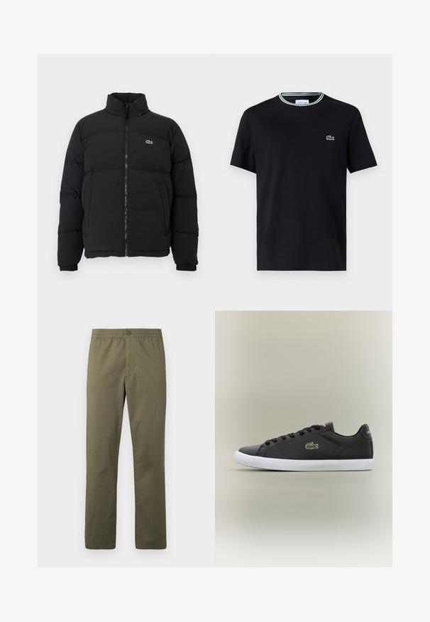 Must küll puffer-jope kõrge kraega, esine tõmblukk ning väike roheline logo. Omab tikitud osi ja elastseid mansette.; Must värvi puuvillane T-särk ümmarguse kaelusega, millel on valge ja roheline triibuline äärestus ning vasakul rinnal brodeeritud roheline krokodilli logo.; Lacoste Püksid - olive; Mustad mustad nahast tennisetossud valge kummist tallaga, millel on roheline krokodillilogo ja ümmargused paelad, stiilne disain sujuva tekstuuriga.