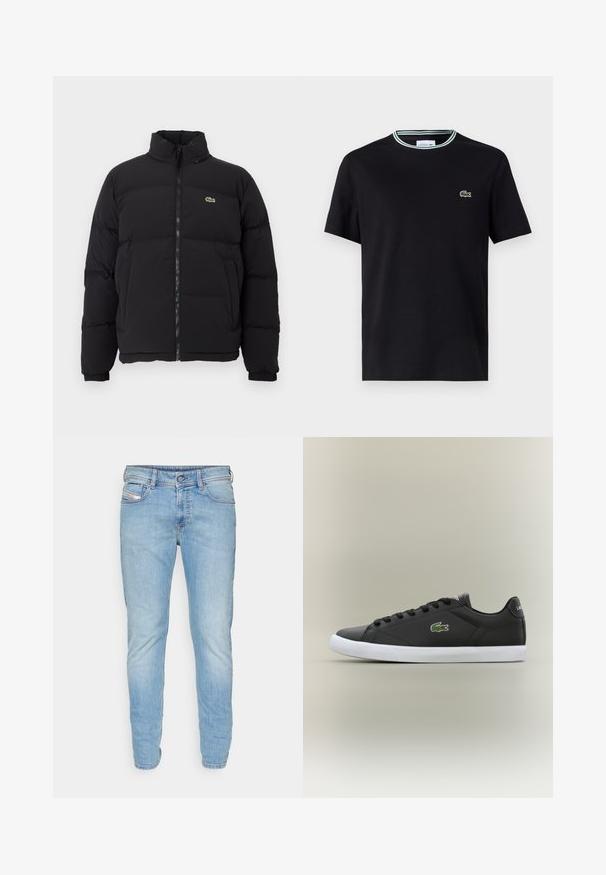 Melnā pūkainā jaka ar augstu apkakli, priekšējo rāvējslēdzēju un mazu zaļu logotipu. Iezīmējas ar kviltētām sekcijām un elastīgām aprocēm.; Melna kokvilnas T-krekls ar apaļu kakla izgriezumu, ar baltu un zaļu svītru apdari un izšuvumu zaļa krokodila logotipu kreisajā krūšu pusē.; Gai zila džinsu auduma bikses ar šauru piegriezumu, piecu kabatu dizainu, pogu aizdari un smalku izbalējušu apdari, kas piešķir tekstūru un dziļumu.; Melnas ādas sporta apavas ar baltu gumijas zoli, rotāts ar zaļu krokodila logotipu un apaļām šņorēm, elegants dizains ar gludu tekstūru.