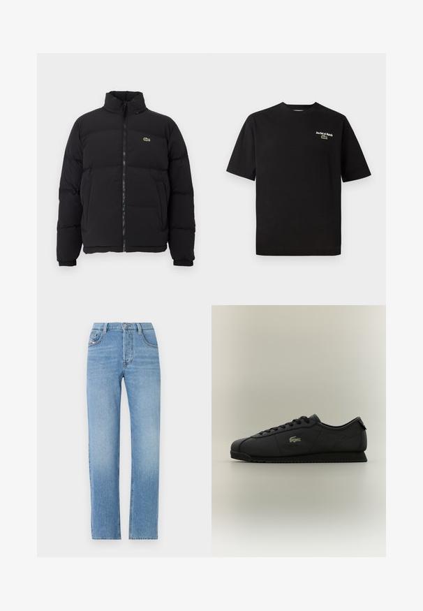 Črna napihljiva jakna z visokim ovratnikom, sprednjim zadrgo in majhnim zelenim logotipom. Ima prešite dele in elastične manšete.; Črna bombažna majica s kratkimi rokavi in krožnim ovratnikom, ki vključuje bele vezenine z napisom "Jeu Set et Match" ter zelenim logotipom krokodila.; Svijetloplave traperice s ravnim nogavicama, zatvaranje na gumbe, pet džepova i suptilnom izblijedjelom teksturom. Klasična silueta traperica.; Črne nizke športne čevlje z vezalkami na sprednji strani, teksturiranim podplatom in zlatim krokodilovim logotipom ob strani.