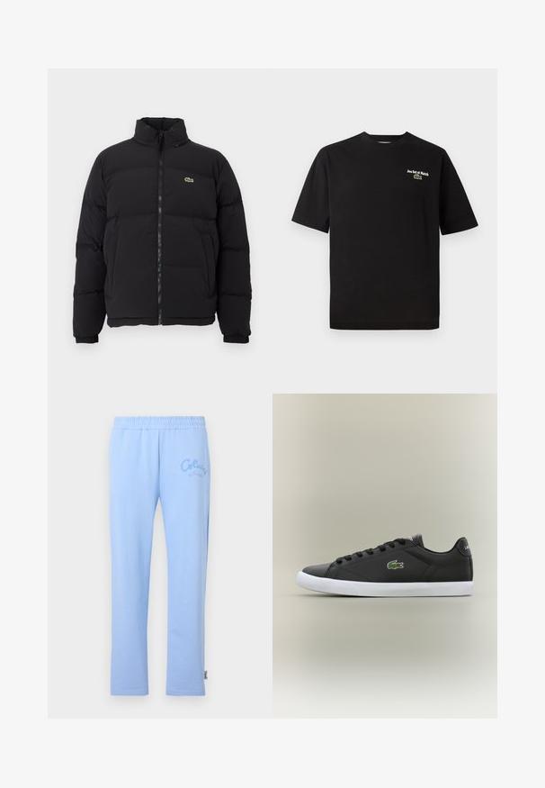 Črna napihljiva jakna z visokim ovratnikom, sprednjim zadrgo in majhnim zelenim logotipom. Ima prešite dele in elastične manšete.; Črna bombažna majica s kratkimi rokavi in krožnim ovratnikom, ki vključuje bele vezenine z napisom "Jeu Set et Match" ter zelenim logotipom krokodila.; Svetlo modri bombažni trenirki z elastičnim pasom. Ima izvezen logo "Colucci" na levi strani in raven kroj nogavic.; Črne usnjene superge z belo gumijasto podplatom, z zelenim krokodiljim logotipom in okroglimi vezalkami, elegantna zasnova z gladko teksturo.