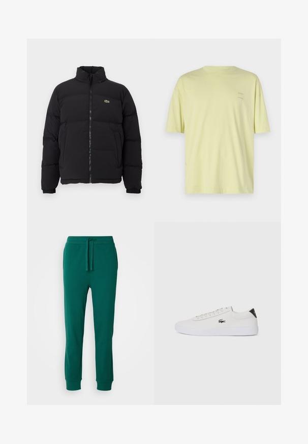 Juodas pūkinis švarkas su aukštu apykakle, priekiniais užtrauktuku ir maža žalia emblema. Yra siūtos dalys ir elastingi rankogaliai.; Šviesiai geltona medvilninė marškinėliai su trumpomis rankovėmis, apvaliu iškirpimu ir dviem mažais „SAMSØE“ logotipais, atspausdintais kairėje viršutinėje pusėje.; Žalios medvilnės sportinės kelnės su elastinga juosmens linija, raišteliu ir išbaigtais kulkšniais. Lygus paviršius, vientisos spalvos, be matomų raštų.; Balti odiniai sportbačiai su apvalia nosimi, raištelių užsegimu priekyje ir juodu akcentu ant kulno. Šone yra mažas išsiuvinėtas krokodilo logotipas.