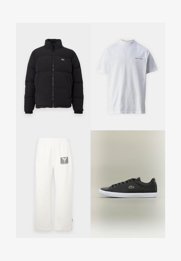 Sort puffer-jakke med høj krave, frontlynlås og et lille grønt logo. Har quiltede sektioner og elastiske manchetter.; Hvid bomulds t-shirt med høj halsudskæring og korte ærmer. Har "SAMSØE SAMSØE" logo i sort på forsiden. Glat tekstur.; Hvide bomulds sweatpants med elastisk talje, der har et grafisk logo patch i sort og grå på venstre side.; Sorte lædersneakers med hvid gummisål, der har et grønt krokodillelogo og runde snørebånd, slank design med glat tekstur.