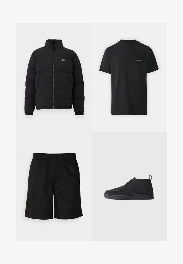Casaco puffer preto com gola alta, fecho na frente e um pequeno logótipo verde. Apresenta secções acolchoadas e punhos elásticos.; T-shirt de algodão preta com um clássico decote arredondado, mangas curtas e dois pequenos logótipos brancos "SAMSØE" no lado esquerdo do peito.; Calções pretos com uma cintura elástica e fecho de botão. Apresenta dois grandes bolsos laterais em tecido texturizado. Design casual.; Botim de tornozelo em camurça preta, com atacadores, aba na parte traseira e sola texturizada, apresentando um pequeno logótipo de crocodilo em relevo na lateral.