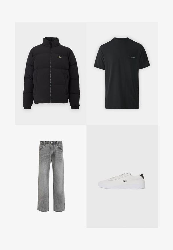 Must küll puffer-jope kõrge kraega, esine tõmblukk ning väike roheline logo. Omab tikitud osi ja elastseid mansette.; Must must t-särk klassikalise ümmarguse kaelusega, lühikeste varrukatega ja vasakul rinnal kaks väikest valget "SAMSØE" logo.; Hallide denim teksad otse jalgade kujundusega, kõrge vöökoht, viis taskut ja kulunud tekstuur. Omab nööbiplussi ja vöörihmasid.; Valge nahast tenniseking ümara ninaga, lukkude ja musta kontsa aktsendiga. Külgedel on väike broderi krokodilli logo.