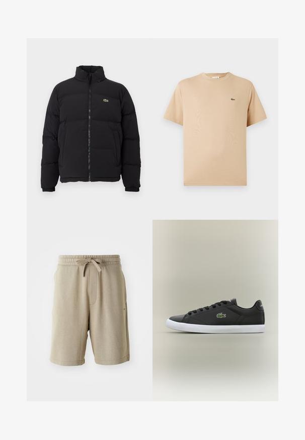 Giacca piumino nera con colletto alto, zip frontale e un piccolo logo verde. Presenta sezioni trapuntate e polsini elasticizzati.; T-shirt in cotone beige con collo rotondo, maniche corte; presenta un piccolo logo di un coccodrillo verde ricamato sul lato sinistro.; Pantaloni corti beige con una texture morbida, vita elastica, cordino e tasche laterali. Lunghezza fino a metà coscia e branding minimale sul fondo.; Sneaker nere in pelle con suola in gomma bianca, dotate di logo verde a forma di coccodrillo e lacci rotondi, design elegante con texture liscia.