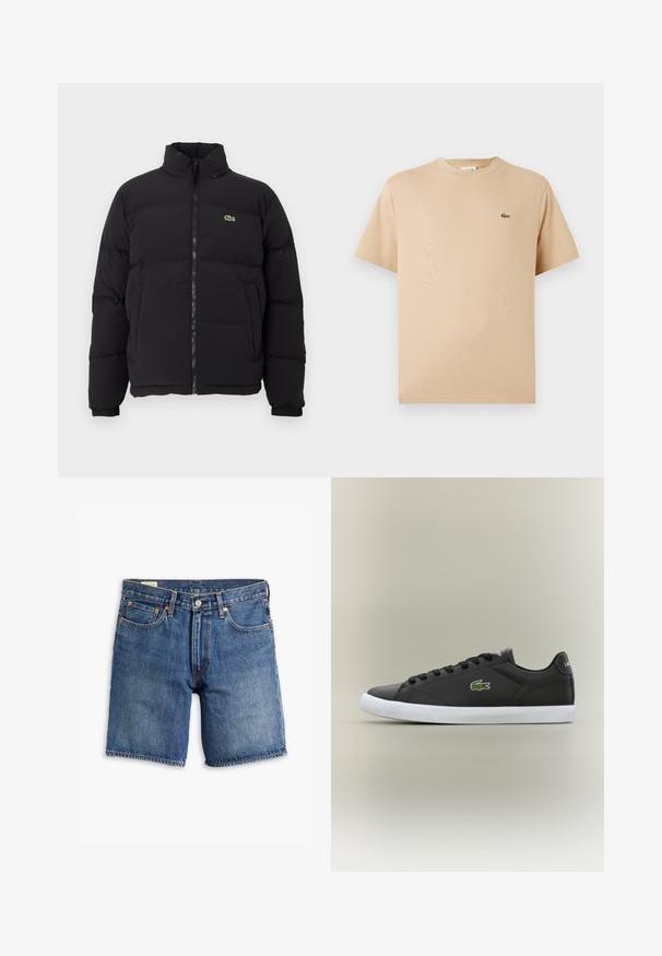 Black puffer jacket with a high collar, front zipper, and a small green logo. Features quilted sections and elasticized cuffs.; Beige cotton t-shirt with a crew neck, short sleeves; features a small, embroidered green crocodile logo on the left side.; Denim shorts in medium blue wash with a classic design. Features five pockets, belt loops, and copper-tone hardware. Distressed texture throughout.; Black leather sneakers with white rubber sole, featuring a green crocodile logo and round laces, sleek design with smooth texture.