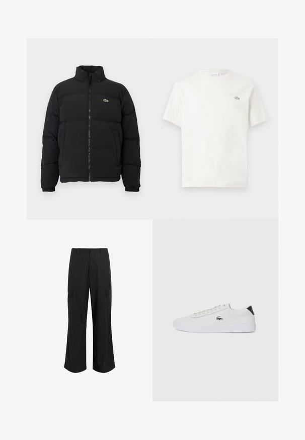 Schwarze Pufferjacke mit hohem Kragen, Frontreißverschluss und kleinem grünen Logo. Verfügt über gesteppten Bereiche und elastische Bündchen.; Weißes Baumwoll-T-Shirt mit kurzen Ärmeln, das ein dezentes gesticktes Logo und ein minimalistisches Design aufweist. Weiche Textur, runder Halsausschnitt.; Schwarze Cargo-Hose aus leichtem Stoff, mit entspannter Passform, zwei großen Seitentaschen und Knopfverschluss.; Weiße Leder-Sneaker mit runder Spitze, Schnürung und schwarzem Fersenakzent. Verfügt über ein kleines gesticktes Krokodillogo an der Seite.