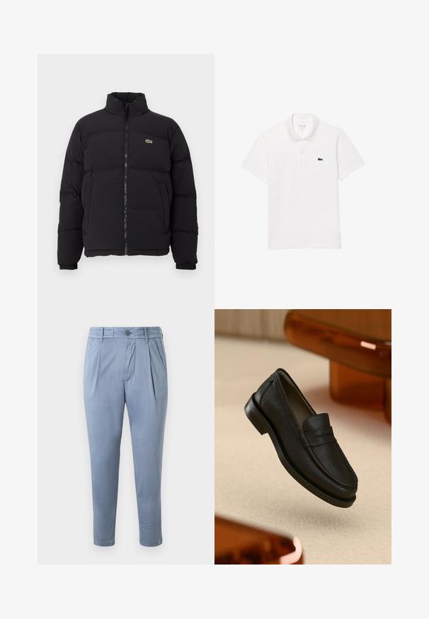 Schwarze Pufferjacke mit hohem Kragen, Frontreißverschluss und kleinem grünen Logo. Verfügt über gesteppten Bereiche und elastische Bündchen.; Weißes Polohemd aus Baumwolle mit klassischem Kragen, kurzen Ärmeln und einem kleinen Logo in Marineblau auf der linken Brust.; Himmelblaue, taillierte Hose aus glatt gewebtem Stoff mit flacher Vorderseite, Falten und Knopfverschluss. Verfügt über Seitentaschen und umgeschlagene Säume.; Schwarzer Lederloafer mit strukturierter Oberfläche, einer abgesteppten Naht und Gummisohle. Auf einer hellen Fläche liegend.