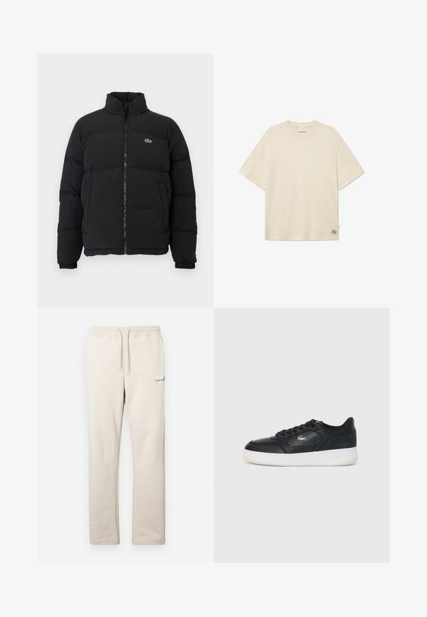 Crni zimski kaput s visokim ovratnikom, prednjim zatvaračem i malim zelenim logotipom. Sadrži kvadrate sa stupovima i elastične manžete.; Krem majica od pamuka, s okruglim izrezom, kratkim rukavima i suptilnim detaljem loga vezanim u donjem desnom kutu.; Bež trenirke napravljene od mekog materijala, s elastičnom trakicom i vezicom u struku, ravnim nogavicama i malim plavim logotipom.; Crne kožne tenisice s bijelim potplatom, koje imaju zaobljenasti vrh, vezanje i suptilni logo sa strane. Gornji dio s teksturom.