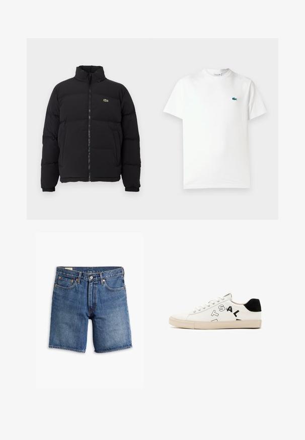 Black puffer jacket with a high collar, front zipper, and a small green logo. Features quilted sections and elasticized cuffs.; White cotton t-shirt featuring a crew neck, short sleeves, and a small green embroidered crocodile logo on the left chest.; Denim shorts in medium blue wash with a classic design. Features five pockets, belt loops, and copper-tone hardware. Distressed texture throughout.; White leather sneaker with black accents at the heel, featuring bold black lettering on the side and a rubber sole. Minimalist design.