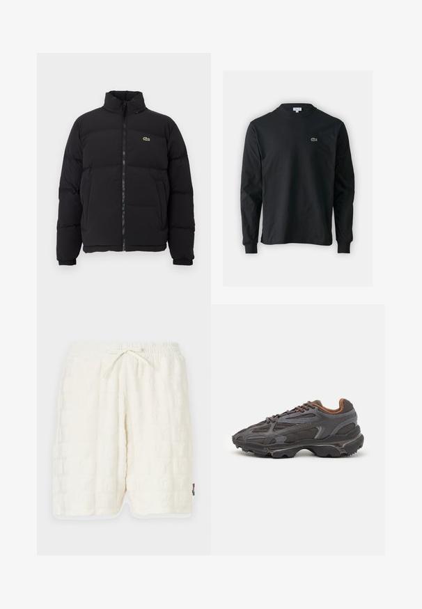 Black puffer jacket with a high collar, front zipper, and a small green logo. Features quilted sections and elasticized cuffs.; Black long-sleeve t-shirt made of cotton, featuring a round neckline and a small green embroidered crocodile logo on the left chest.; White textured shorts with an embossed pattern. Elastic waistband with a drawstring. Side pockets and contrasting trim at the hem.; Lacoste sneakers in dark gray with mesh and synthetic material, featuring a textured sole and brown accents on the collar and branding.