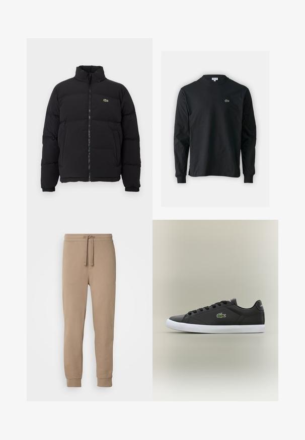 Crni zimski kaput s visokim ovratnikom, prednjim zatvaračem i malim zelenim logotipom. Sadrži kvadrate sa stupovima i elastične manžete.; Crna majica dugih rukava od pamuka, s okruglim izrezom i malim zelenim izvezenim logotipom krokodila s lijeve strane prsnog dijela.; Bež pamukane trenirke s elastičnim strukom, vezicama, bočnim džepovima i rebrastim rukavima, s glatkom teksturom i suženim krojem.; Crne kožne tenisice s bijelim gumenim potplatom, s zelenim krokodilom kao logotipom i okruglim vezicama, elegantnog dizajna s glatkom teksturom.