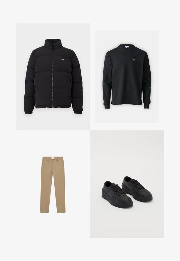 Melnā pūkainā jaka ar augstu apkakli, priekšējo rāvējslēdzēju un mazu zaļu logotipu. Iezīmējas ar kviltētām sekcijām un elastīgām aprocēm.; Melna garām piedurknēm t-krekls, izgatavots no kokvilnas, ar apaļu kakla izgriezumu un mazu zaļu izšūtu krokodila logo kreisajā krūtī.; Bēša bikses ar gludu tekstūru, taisnas kāju dizainu, priekšējām kabatām un pogas aizdari. Uz jostas redzama etiķete.; Melnas kedas, izgatavotas no gludas ādas, ar mīkstu zoli. Iespējas ietver plakanu auklu, perforācijas uz pirksta un elegantu siluetu.