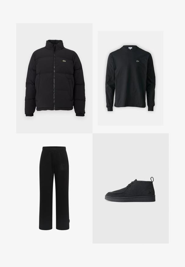 Zwarte pufferjack met een hoge kraag, voorrits en een klein groen logo. Bevat doorgestikte secties en elastische manchetten.; Zwarte longsleeve t-shirt van katoen, met een ronde halslijn en een klein groen geborduurd krokodillenlogo op de linkerborst.; Zwarte joggingbroek gemaakt van zachte stof, met een wijde pijpontwerp, elastische tailleband en een gestructureerde logo-opdruk op de voorzak.; Zwarte suède veterschoenen tot de enkel met een trekband en een gestructureerde zool, met een klein reliëf krokodillenlogo aan de zijkant.