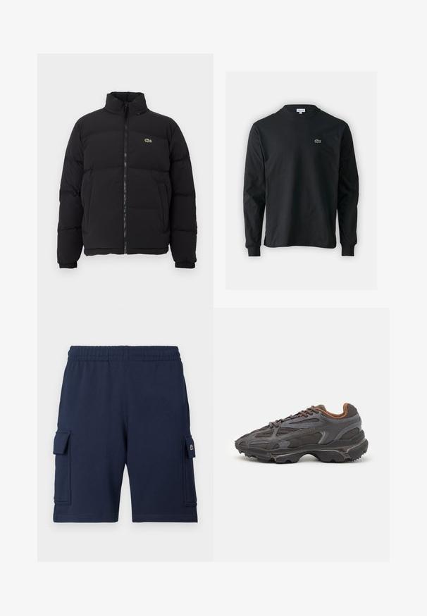 Černá péřová bunda s vysokým límcem, předním zipem a malým zeleným logem. Obsahuje prošívané části a elastické manžety.; Černé dlouhé rukávy triko vyrobené z bavlny, s kulatým výstřihem a malým zeleným vyšitým logem krokodýla na levé hrudi.; Námořnicky modré cargo šortky vyrobené z měkké látky, s elastickým pasem, dvěma bočními kapsami a malým logem na levé kapse.; Sněrovací boty Lacoste v tmavě šedé barvě s síťovinou a syntetickým materiálem, prezentující texturovanou podrážku a hnědé detaily na límci a logu.