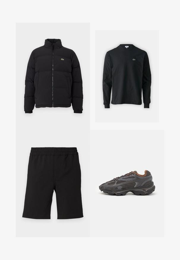 Giacca piumino nera con colletto alto, zip frontale e un piccolo logo verde. Presenta sezioni trapuntate e polsini elasticizzati.; T-shirt a maniche lunghe nera in cotone, con scollatura rotonda e un piccolo logo di coccodrillo ricamato in verde sul lato sinistro del petto.; Pantaloni corti neri realizzati in un tessuto comodo con una cintura elastica. Design semplice, taglio dritto, adatti per un abbigliamento casual.; Sneaker Lacoste grigie scure in materiale mesh e sintetico, con suola testurizzata e dettagli marroni sul colletto e sul branding.