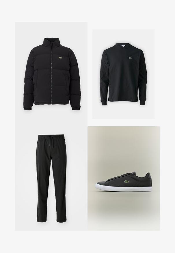 Mustapuffatakki korkealla kauluksella, edessä vetoketju ja pieni vihreä logo. Sisältää tikattuja osia ja joustavat hihansuut.; Musta pitkähiha t-paita, joka on valmistettu puuvillasta. Paita on varustettu pyöreällä kaula-aukolla ja vasemmassa rinnassa on pieni vihreä brodeerattu krokotiililogo.; BOSS ACTIVE MOVE - Verryttelyhousut - black; Mustat nahkakengät valkoisella kumipohjalla, jossa on vihreä krokotiililogo ja pyöreät nauhat, sulavalinjainen muotoilu sileällä pinnalla.