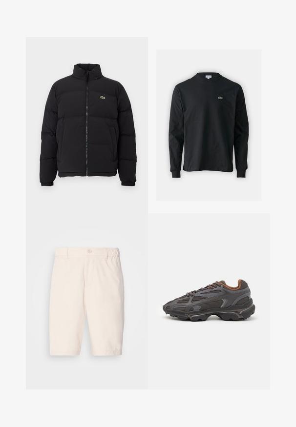 Giacca piumino nera con colletto alto, zip frontale e un piccolo logo verde. Presenta sezioni trapuntate e polsini elasticizzati.; T-shirt a maniche lunghe nera in cotone, con scollatura rotonda e un piccolo logo di coccodrillo ricamato in verde sul lato sinistro del petto.; Pantaloni corti beige realizzati in tessuto leggero con chiusura a bottoni, vita elasticizzata, tasche laterali e un taglio fino al ginocchio.; Sneaker Lacoste grigie scure in materiale mesh e sintetico, con suola testurizzata e dettagli marroni sul colletto e sul branding.