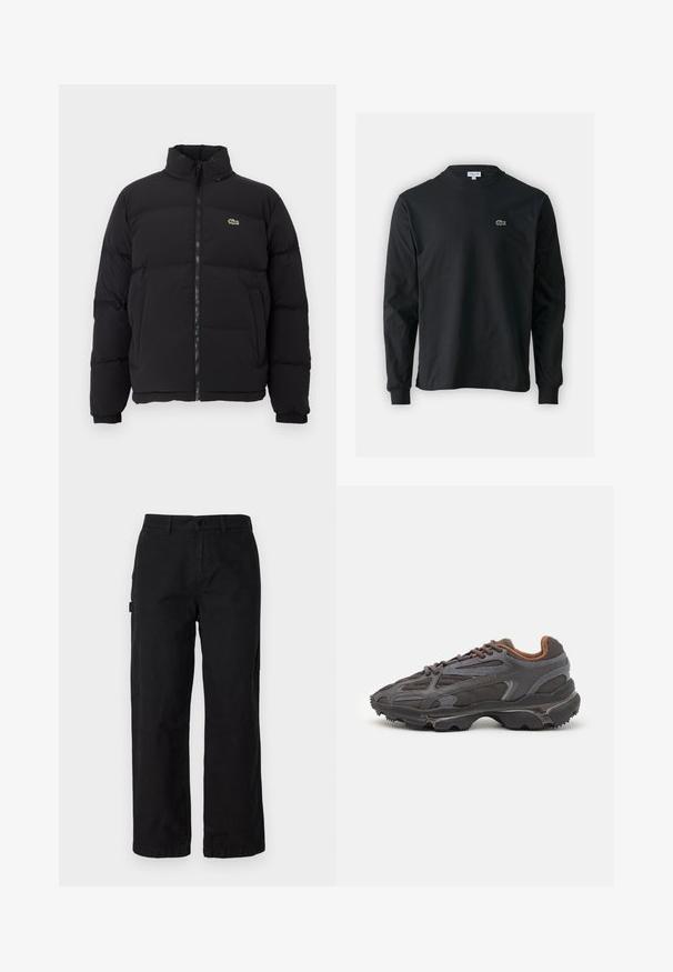 Crni zimski kaput s visokim ovratnikom, prednjim zatvaračem i malim zelenim logotipom. Sadrži kvadrate sa stupovima i elastične manžete.; Crna majica dugih rukava od pamuka, s okruglim izrezom i malim zelenim izvezenim logotipom krokodila s lijeve strane prsnog dijela.; Crne pamučne cargo hlače s ravnim krojem, koje imaju bočne džepove i kopčanje na gumbe sprijeda. Izdržljivi materijal s glatkom teksturom.; Lacoste tenisice u tamno sivoj boji s mrežastim i sintetičkim materijalom, s teksturiranom potplatom i smešnim akcentima na ovratniku i brandiranju.