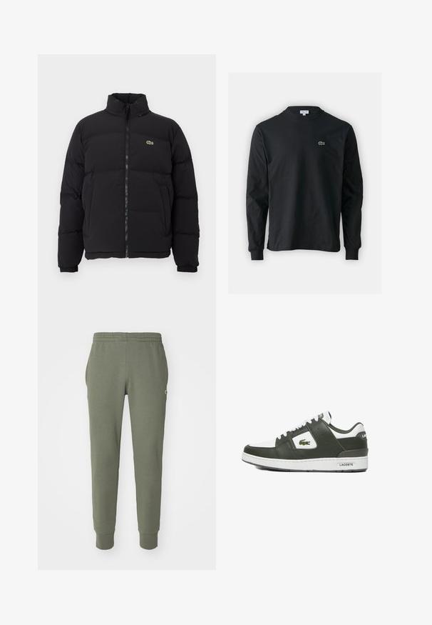 Zwarte pufferjack met een hoge kraag, voorrits en een klein groen logo. Bevat doorgestikte secties en elastische manchetten.; Zwarte longsleeve t-shirt van katoen, met een ronde halslijn en een klein groen geborduurd krokodillenlogo op de linkerborst.; Olijfgroene trainingsbroek van zacht katoen, met een elastische tailleband, zijzakken en taps toelopende boorden. Merkenlogo op de heup.; Groene leren sneaker met witte accenten, met een ronde neus, vetersluiting, gestructureerd oppervlak en een Lacoste-logo. Rubberen zool.