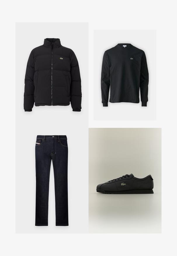 Giacca piumino nera con colletto alto, zip frontale e un piccolo logo verde. Presenta sezioni trapuntate e polsini elasticizzati.; T-shirt a maniche lunghe nera in cotone, con scollatura rotonda e un piccolo logo di coccodrillo ricamato in verde sul lato sinistro del petto.; Jeans in denim blu scuro con design a gamba dritta, dotati di cinque tasche, chiusura con bottone e accenti di cucitura a contrasto.; Sneaker neri a basso profilo con lacci sul davanti, suola testurizzata e logo in oro a forma di coccodrillo sul lato.